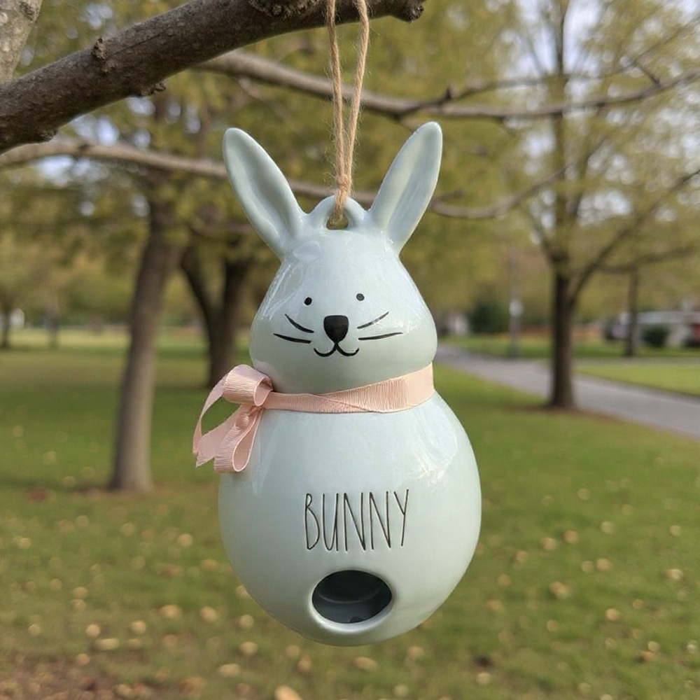 Rae Dunn artisan collection -BUNNY-Ceramic Birdhouse with Pink Ribbon